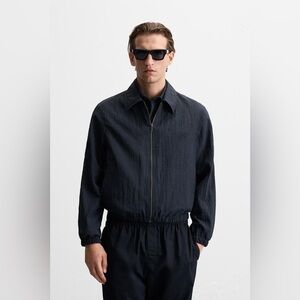 217-NWT Zara Men Navy Blue Sheer Textured Zip Jacket